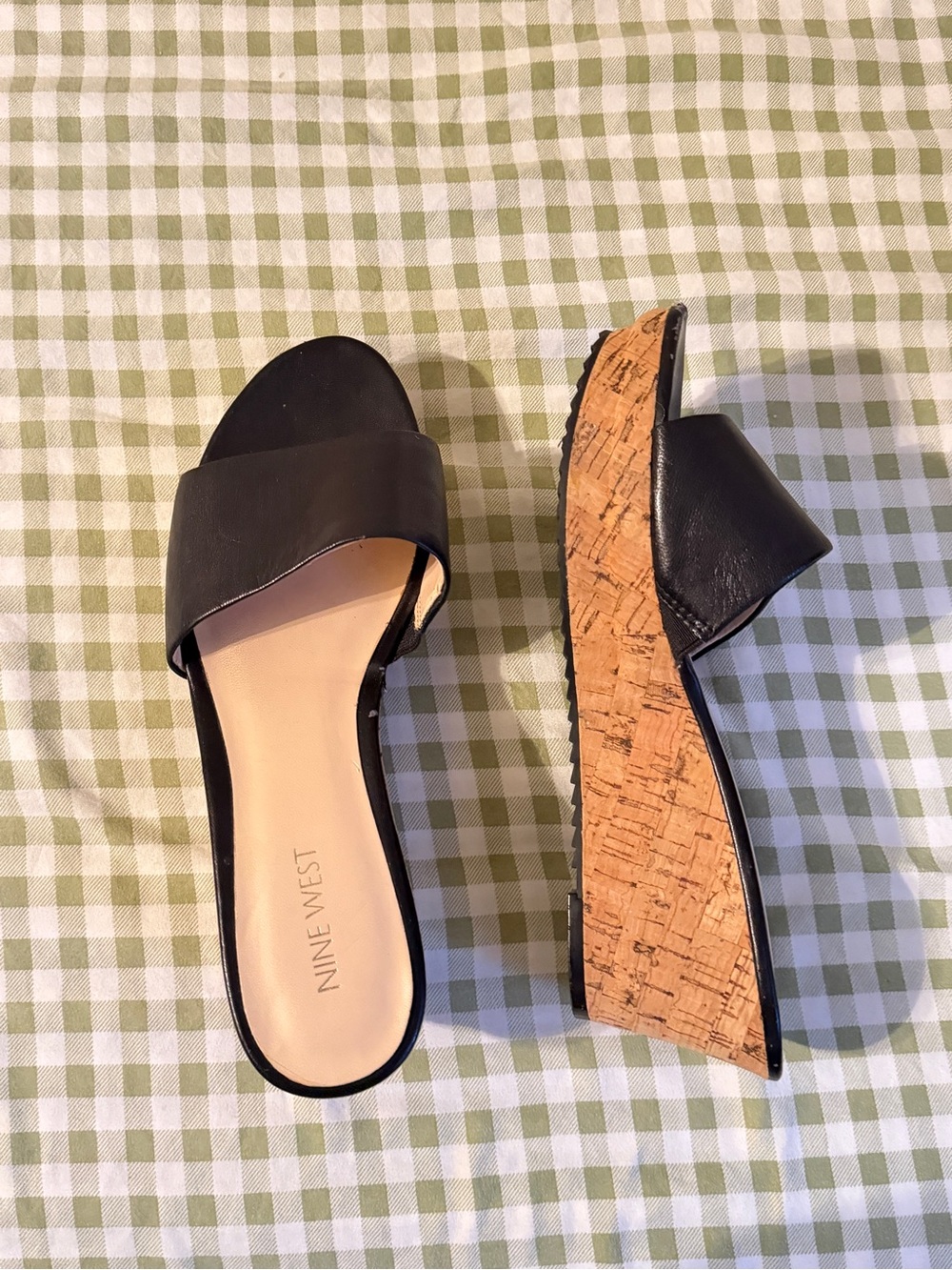 Nine West Black Leather Cork Wedge Slide Sandals